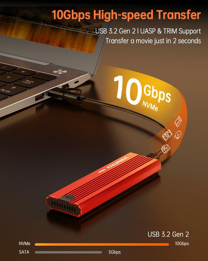 ZeroneTeck حاوية M.2 NVMe SSD إلى محول USB، أحمر/بدون أدوات، 10Gbps USB 3.2 Gen 2، قارئ NVMe إلى USB، حاوية خارجية تدعم UASP Trim لـ M.2 M و B+M Key وأحجام 2230/2242/2260/2280 SSDs (حتى 8TB) - Image 2